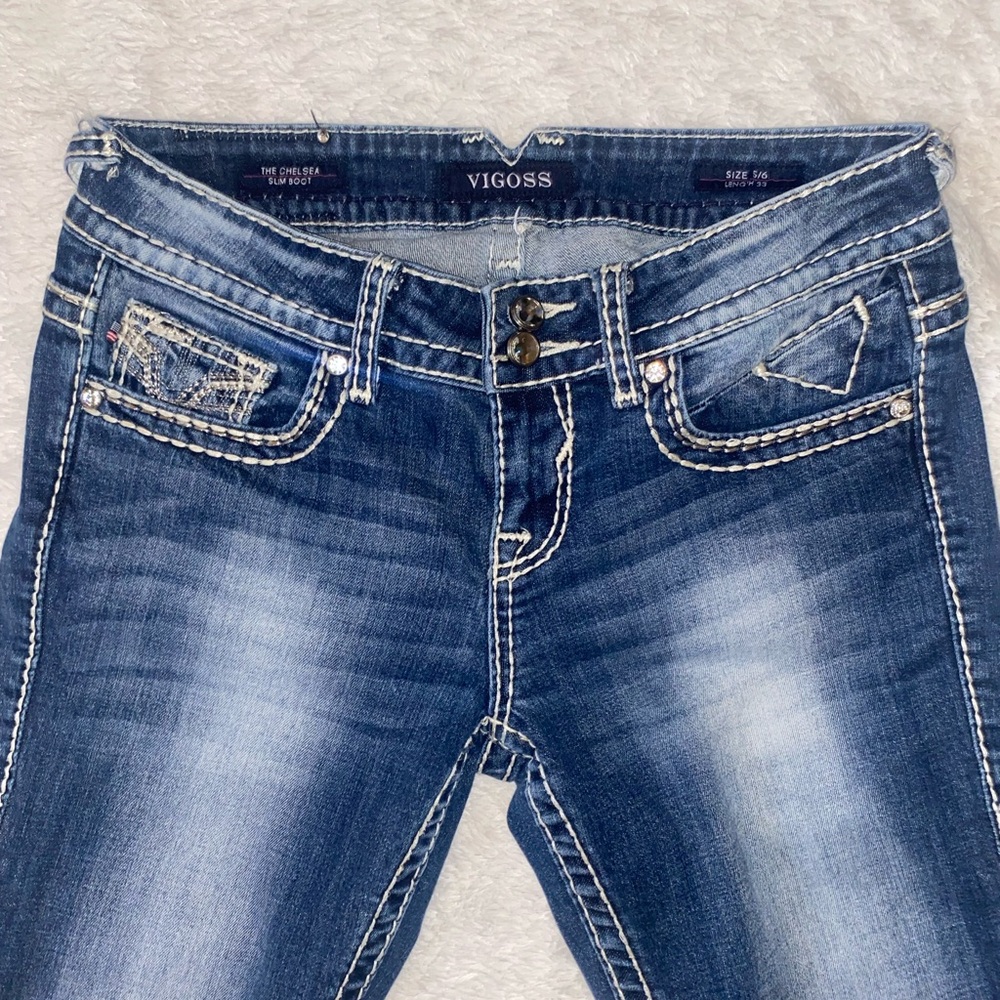 SZ 5/6 Vigoss Women's Dark Blue Slim Boot Cut Jeans with Contrast Stitching - Picture 6 of 11